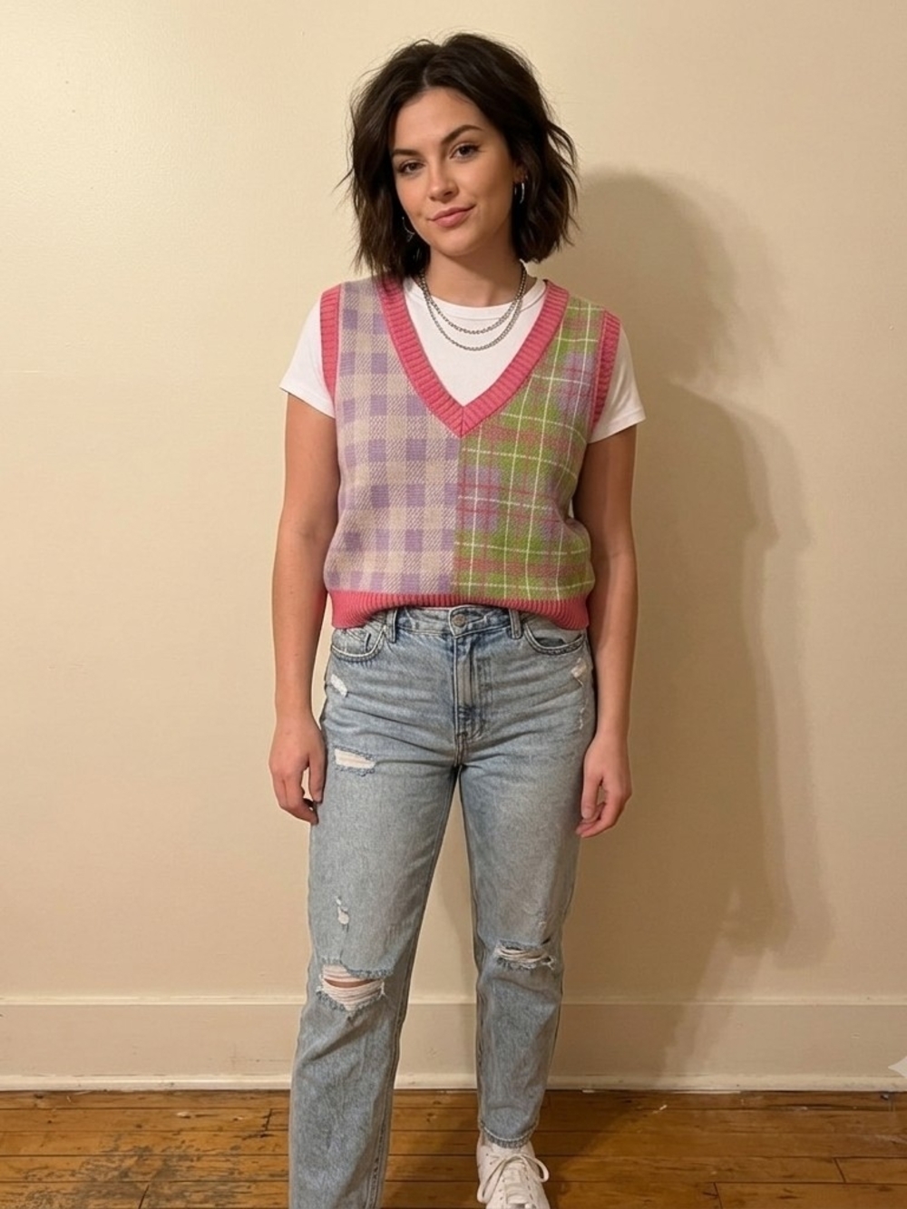 Rue 21 Pastel Patchwork Plaid V-Neck Crop Sweater Vest – Size XL NWT